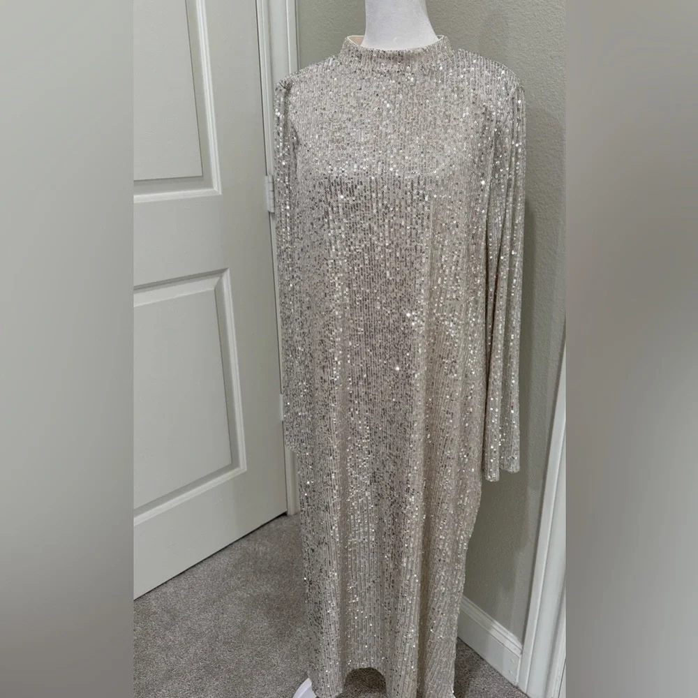Halogen Sequins Silver Dress with Cream Lining, XL - Picture 5 of 11